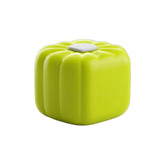 Bright lime green cube, smooth surface,  a small white button/dot at the top center.  Rounded edges, slightly ribbed texture