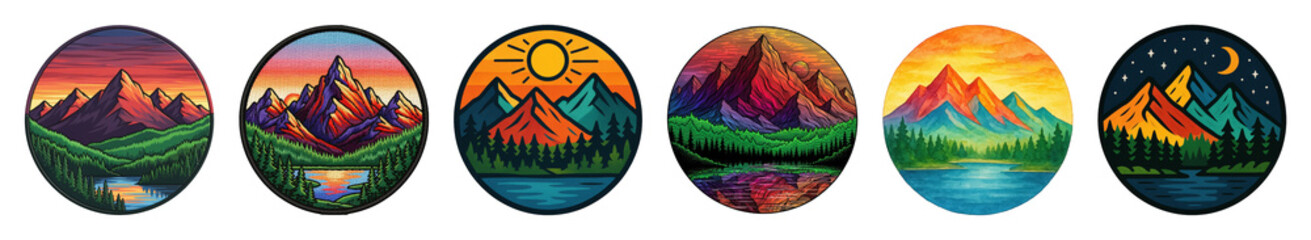 Mountain landscape illustration set including sunset, night, watercolor, and embroidery styles isolated. Outdoor adventure and nature collection.