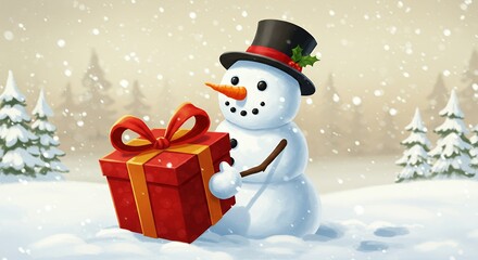 Cute snowman with gift