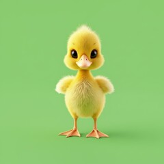A cute, fluffy yellow duckling stands on a vibrant green background, looking directly at the viewer with big, adorable eyes and an orange beak