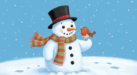 Fototapeta premium Friendly snowman and bird illustration