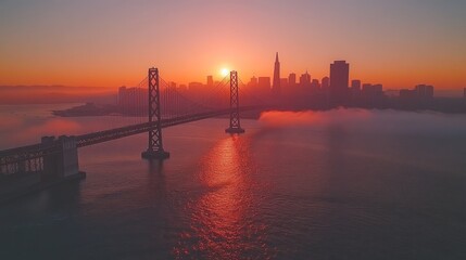 Sunrise over San Francisco, a city skyline silhouettes framed by a bridge and morning mist