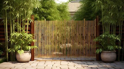 Zen garden entrance with bamboo fence and lush green plants creating a tranquil atmosphere