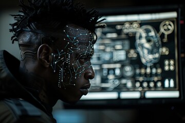 Young African American man gazes seriously at computer screen in dark room. Glowing light patterns enhance futuristic mood.