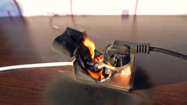 Electrical Short Circuit. Burning socket. Outlets, plug in fire. Short circuit in Overloaded Electrical Plug Socket. Fire socket of electricity plug switch. Burned plug with electric splitter.