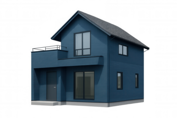 Contemporary blue residence with sleek balcony, expansive windows, presenting clean architectural design against neutral backdrop