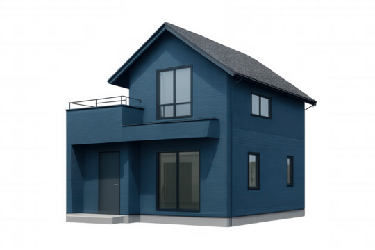 Contemporary blue residence with sleek balcony, expansive windows, presenting clean architectural design against neutral backdrop