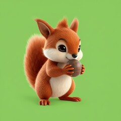 A cheerful, 3D-rendered cartoon squirrel with vibrant orange fur and a fluffy tail is depicted standing against a plain green background, holding a dark brown nut or acorn