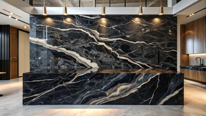 Luxurious Modern Interior Design Featuring a Striking Black and White Marble Feature Wall and Matching Countertop with Warm Ambient Lighting