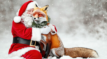 Santa fox wreath snow winter Christmas holiday festive outdoors happiness joyful embrace friendship red white fur nature animal costume