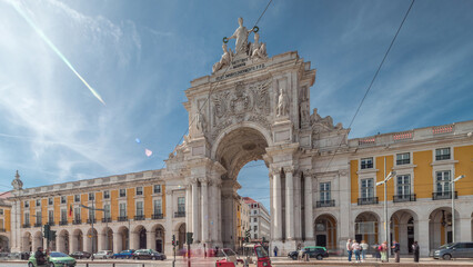 Rua Augusta Arch timelapse hyperlapse on Praca do Comercio. Lisbon, Portugal, Europe.