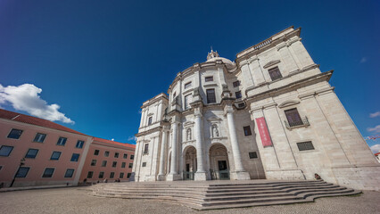 Main facade of National Pantheon aerial timelapse hyperlapse. Portugal.