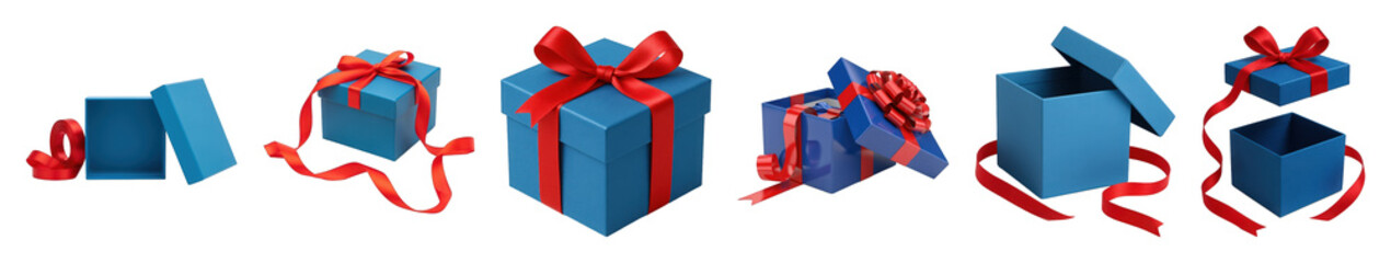 Blue gift box with red ribbon set including closed, open, empty, and separated lid versions isolated. Celebration and holiday collection.