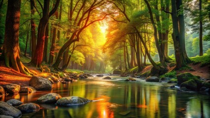 Obraz premium Golden Sunlight Filtering Through Ancient Trees Illuminating a Serene Forest Stream