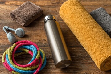 Home workout essentials: yoga mat, water bottle, jump rope, towels on wood.