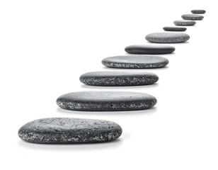 A path of gray stepping stones leading upwards on a white background. A concept for progress, career growth, strategy, and step-by-step development. Generative AI