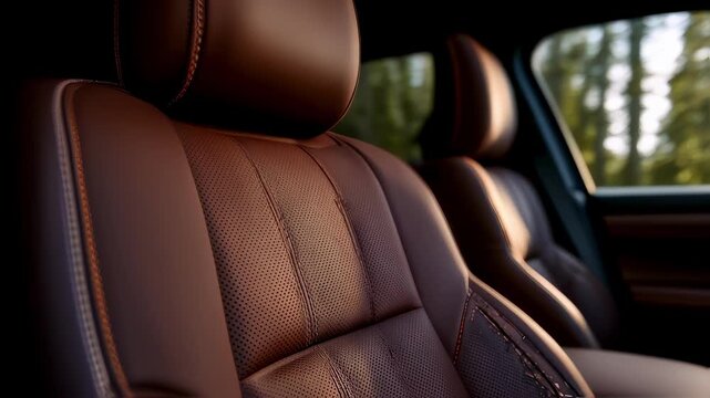 Closeup of premium vehicle leather seats with contrast stitching capturing luxury textures sharply against a gently blurred cabin backdrop.