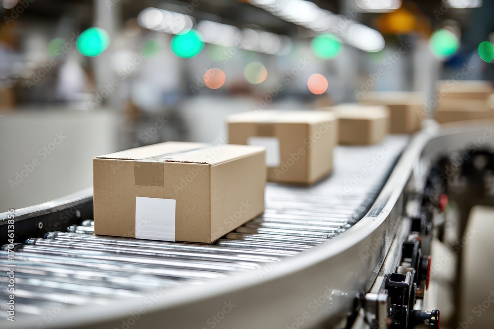 Poster cardboard boxes moving along an automated conveyor belt in a modern factory setting.