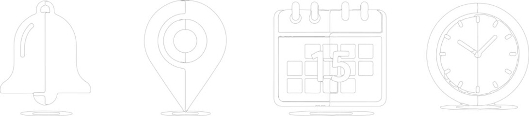 Notification, Location, Calendar and Clock Symbol Set in Outline Style