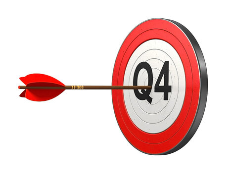 A dart hitting the center of a target marked with "Q4". A concept for achieving business goals and objectives in the fourth quarter of the fiscal year. Generative AI
