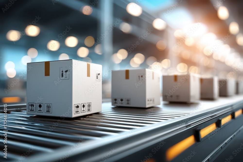 Poster efficient shipping of white boxes on an automated conveyor belt system.
