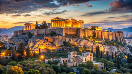 Fototapeta premium ancient acropolis glowing under sunset sky with vibrant colors