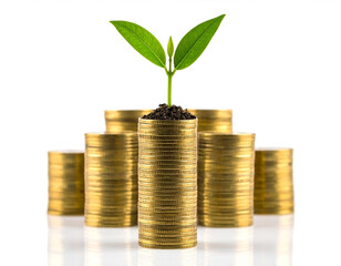 A small green plant sprout growing from the top of a rising stack of golden coins. A concept for financial growth, savings, and successful investment. Generative AI