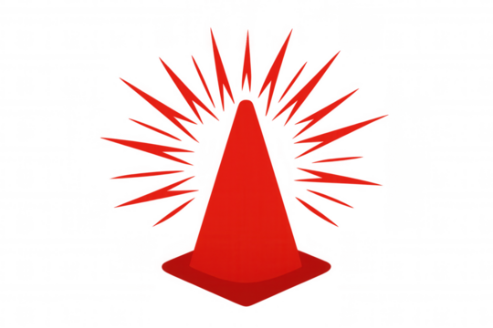 Red traffic cone emitting warning signals, isolated on transparent background, ideal for safety and construction-related projects