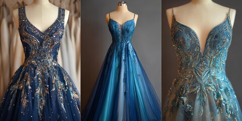 Elegant evening dresses in blue tones showcase intricate designs, perfect for formal occasions and celebrations.