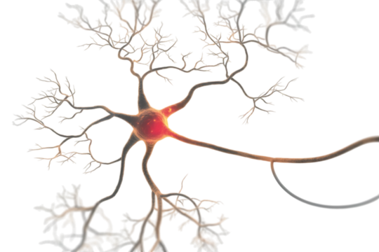 3D Illustration of a Neuron with Red Glowing Cell Body and Branching Dendrites nerve cell brain Cutout PNG isolated on a transparent background - Powered by Adobe
