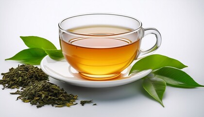 A Cup Of Tea Placed On A Saucer With Loose Tea Leaves And Green Tea Leaves Nearby