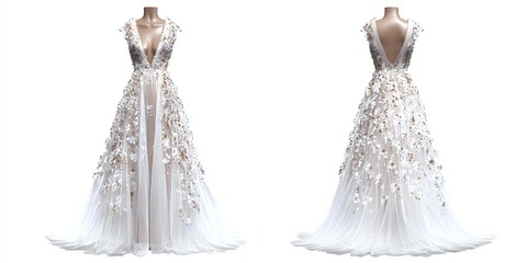 Stunning elegant dress adorned with intricate floral embellishments and a flowing silhouette, perfect for special occasions.