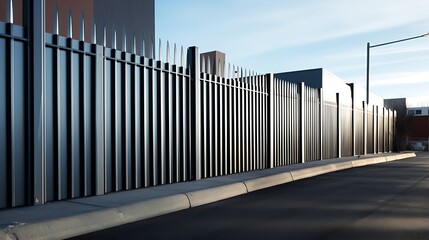 Obraz premium Steel barrier with pointed edges along asphalt edge offers visual contrast to urban infrastructure