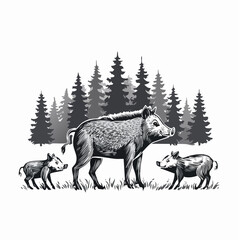 Wild boar family with piglets. Animal in natural habitat. Wild pig illustration. Isolated on white background. Vector. © 3okaad_Vectors