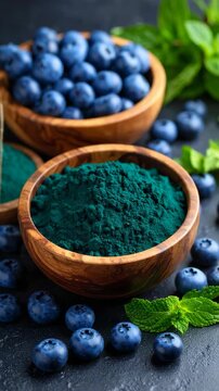 Vibrant composition featuring spirulina powder and blueberries in wooden bowls, garnished with fresh mint leaves on a dark stone surface.