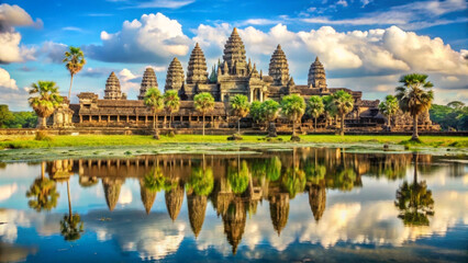 Fototapeta premium ancient temple reflected in water surrounded by lush greenery