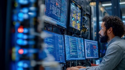 Concentrated view of a technician tuning API rate limits on multiple screens with an intentionally blurred server rack in the background. - Powered by Adobe