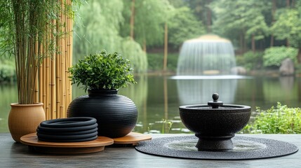 Tranquil garden view from a peaceful indoor space.  Dark-toned pottery and bamboo accents frame a serene pond scene