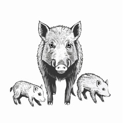 Wild boar family with piglets. Animal in natural habitat. Wild pig illustration. Isolated on white background. Vector. © 3okaad_Vectors
