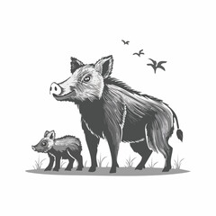 Wild boar family with piglets. Animal in natural habitat. Wild pig illustration. Isolated on white background. Vector. © 3okaad_Vectors