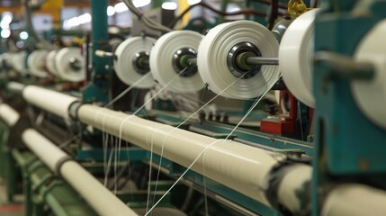 Winding machine with a metallic gray frame and multiple rotating spools, used in a textile or electrical factory to wind yarn, thread, or wires into neat coils for further processing, equipped with te