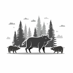 Wild boar family with piglets. Animal in natural habitat. Wild pig illustration. Isolated on white background. Vector. © 3okaad_Vectors