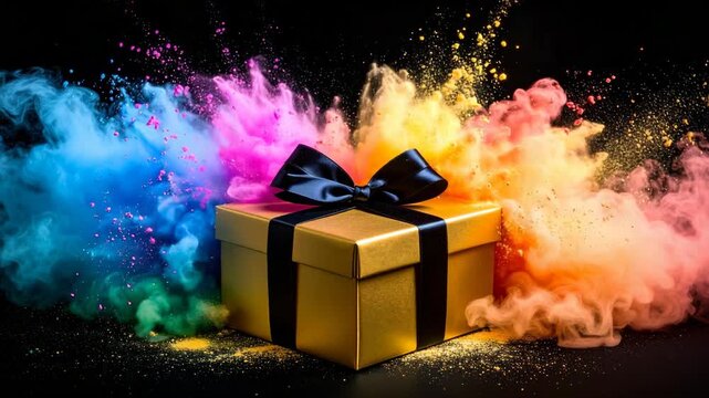 Wrapped golden gift box with black ribbon amidst a vibrant explosion of colorful powder against a dark background, representing celebration.