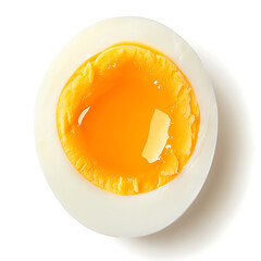 Close-up of a halved soft-boiled egg with runny yolk on white background