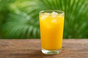 Fototapeta premium Refreshing orange juice in a tall glass on a wooden surface outdoors