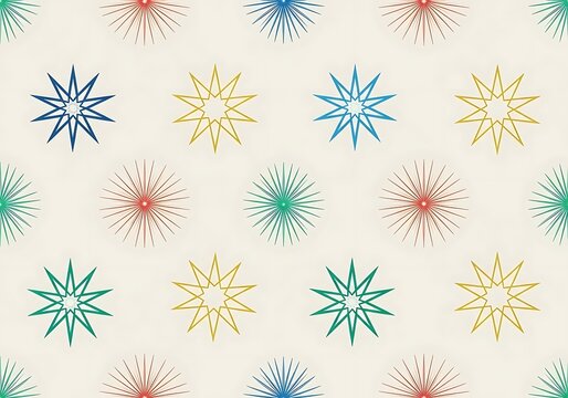 A repeating geometric design concept featuring colorful starburst shapes in a seamless vintage mid-century modern style pattern