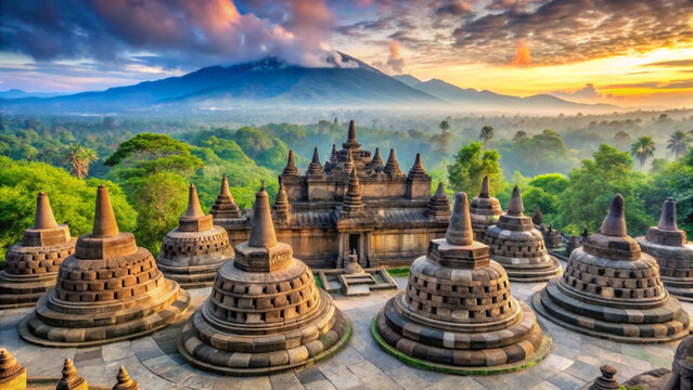 ancient temple complex surrounded by lush greenery under vibrant sky