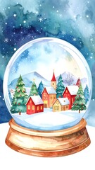Winter village scene inside a snow globe with trees