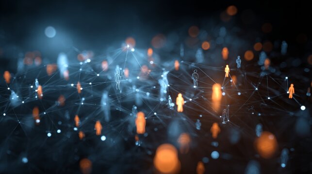 Visualizing complex data through the lens of advanced science. People connecting online. Analyzing big data: virtual screens in action with data scientists. Digital friends network.