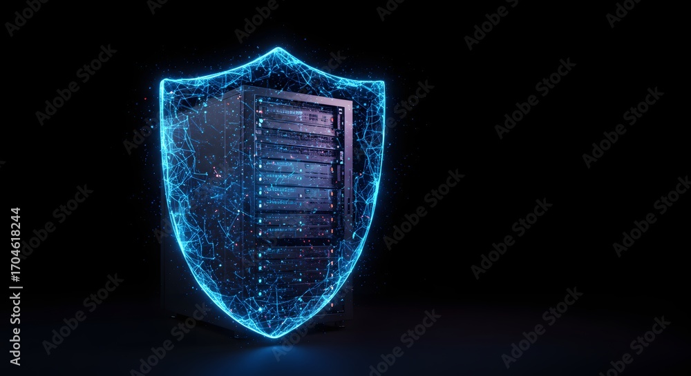 Aufkleber digital shield protecting server rack with glowing blue network of lines and dots on black backgroun